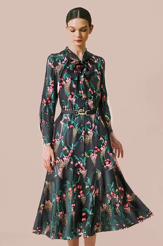 Stretch Chiffon:  Black Garden Mermaid Dress With Tie