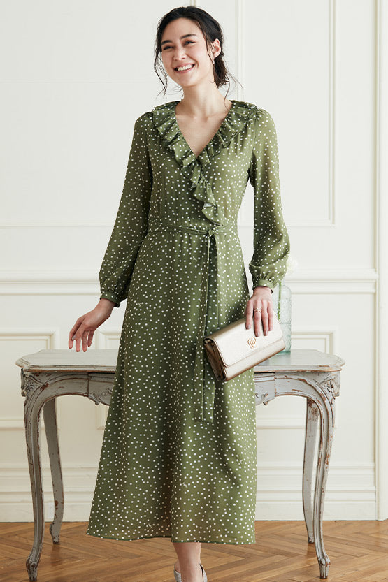 Stretch Chiffon: Khaki Tiny Dot Chiffon Frill Long