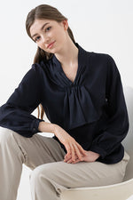 Navy Black Ribbon Tie Blouse