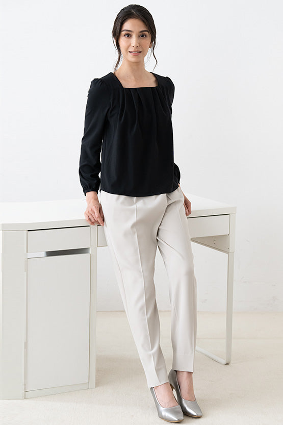 All-Season Material: Smart Stretch Grey-Beige Wrap-Tuck Pants