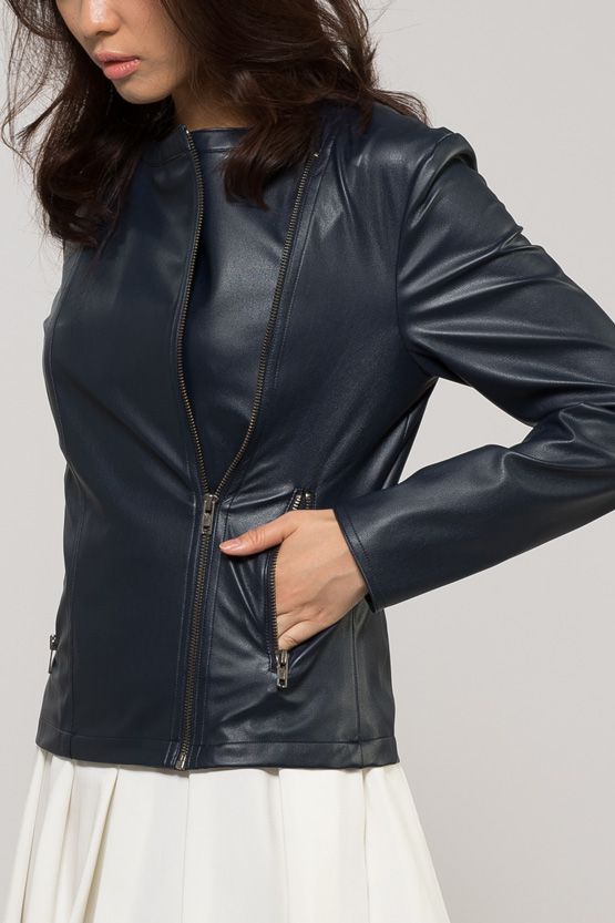 Navy No-Collar Stretch Riders Jacket