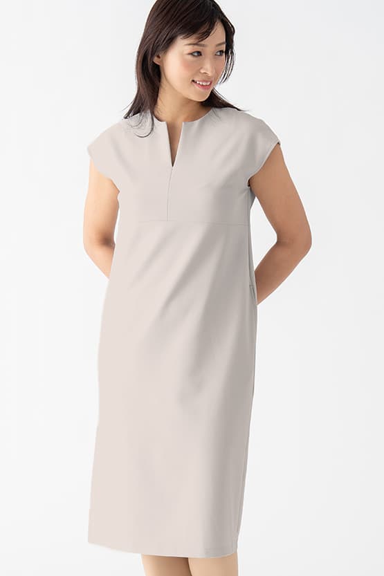 Smart Stretch: Smart Stretch Greige Split Neck Sack Dress