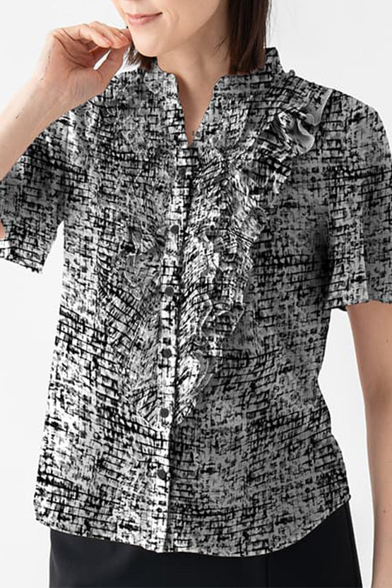 Stretch Chiffon: Mosaic Check Frill Blouse