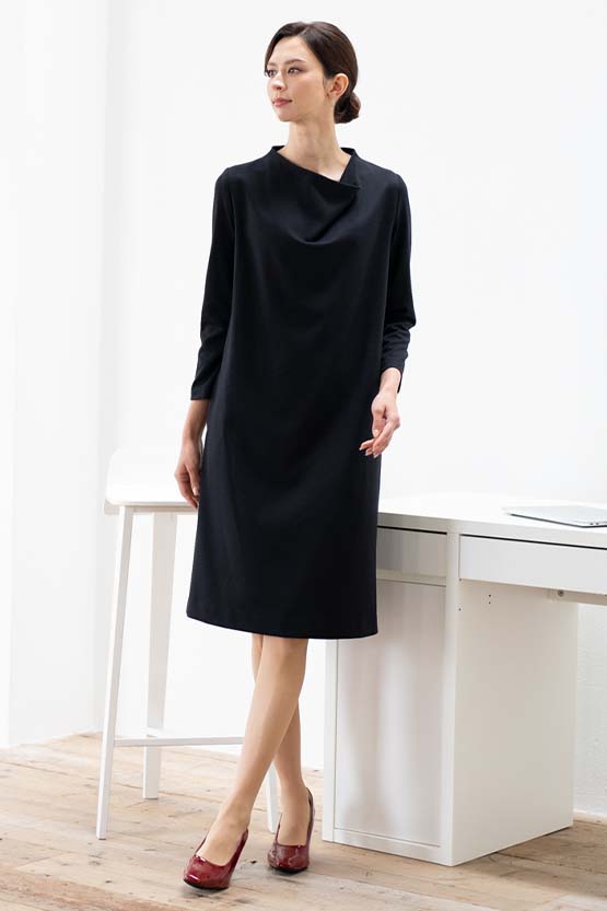 Black Double Jersey Draped Neck Dress