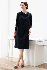 Black Double Jersey Draped Neck Dress