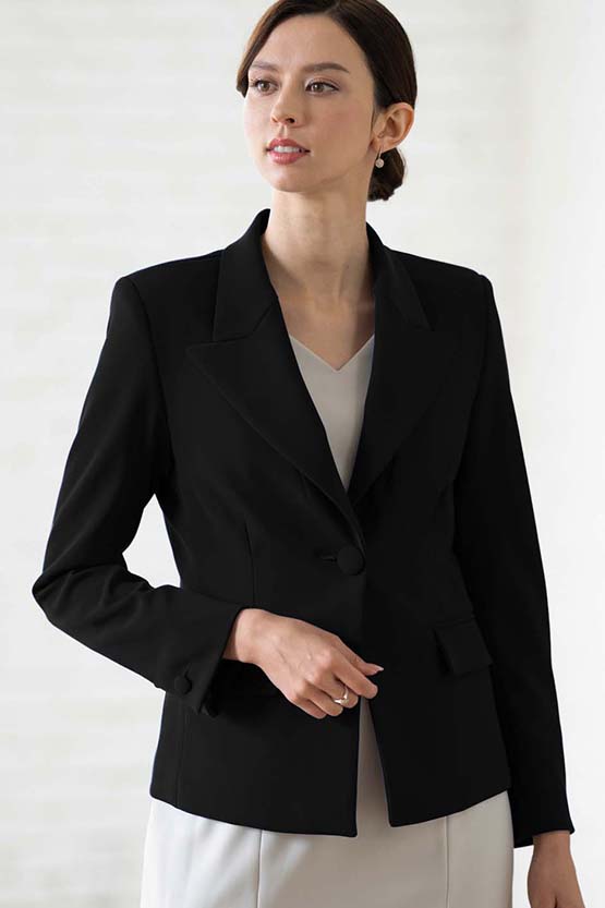 All-Season Material: Black Peaked Lapel Jacket