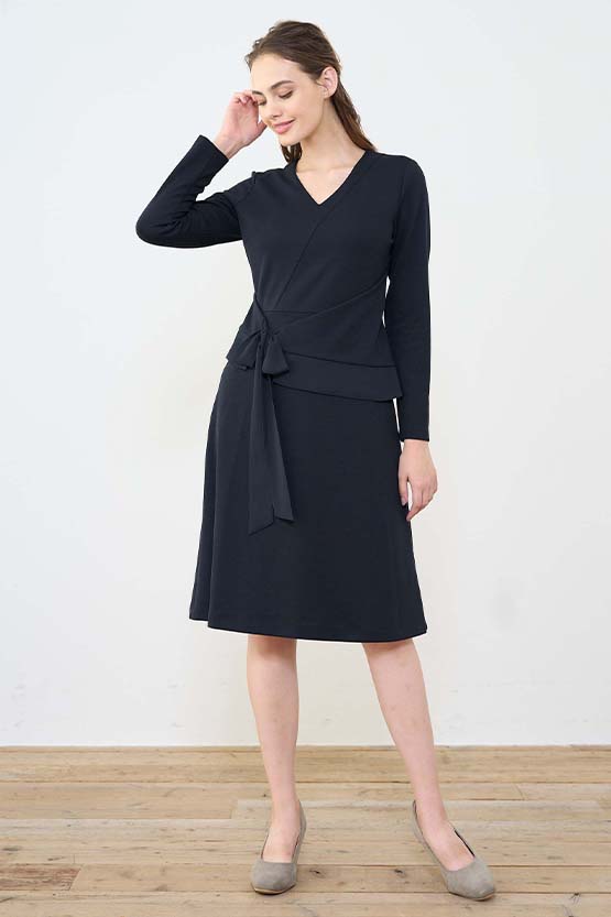 Navy Double Jersey V-Neck A-Line Dress