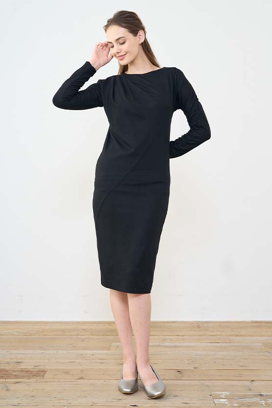 Black Gathered-Sleeve Dress