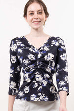 Navy Lei Flower Design Tucked Top