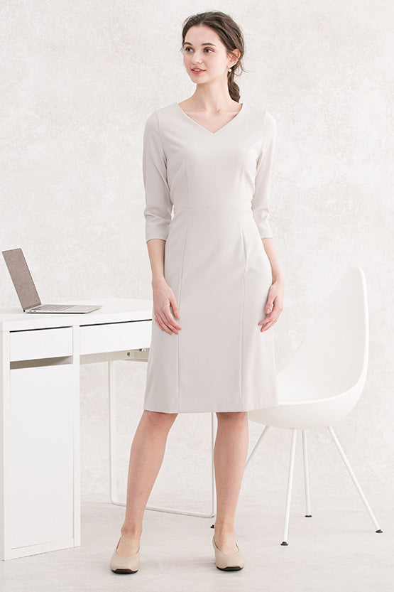 All-Season Material: Greige V-Neck I-Line Dress