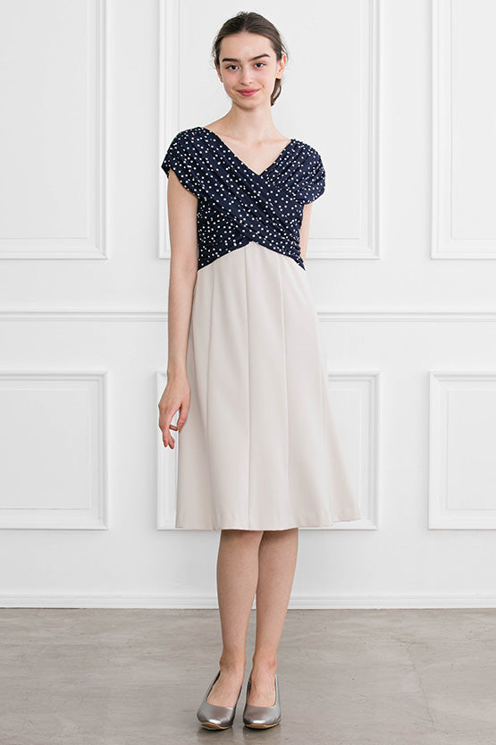 All-Season Material: Navy Dot X Greige Shoulder Venus Dress