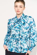Blue Nuance Flower Two-Way Bowtie Blouse
