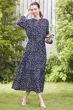 Stretch Chiffon: Navy Clover Bohemian Chiffon Long