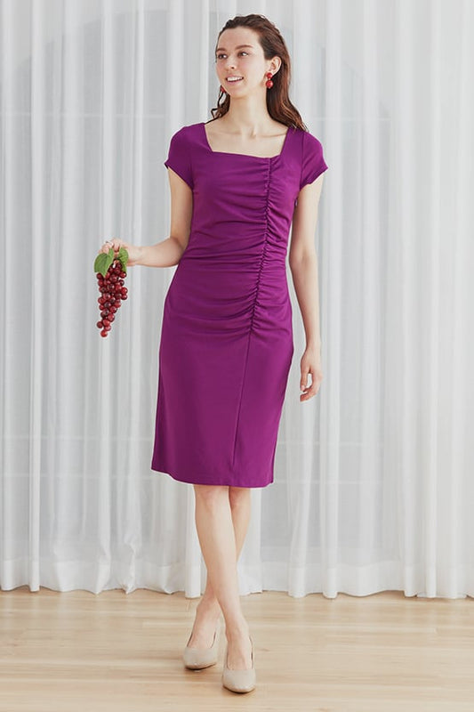Grape Square Neck Side Gather Dress