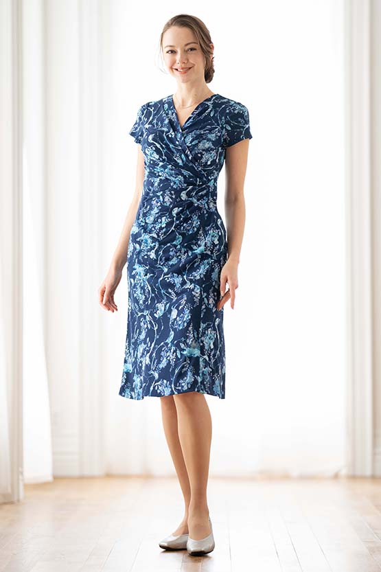Blue Botanical Gathered Dress
