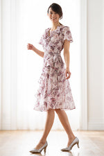 Stretch Chiffon: Pink Botanical Frill Chiffon Dress