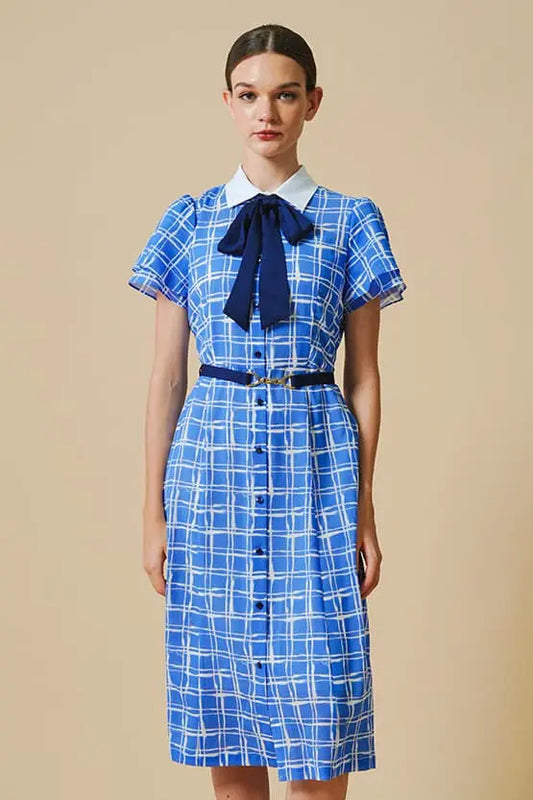 Stretch Chiffon: Lapis Lattice Shirt Dress With Bowtie