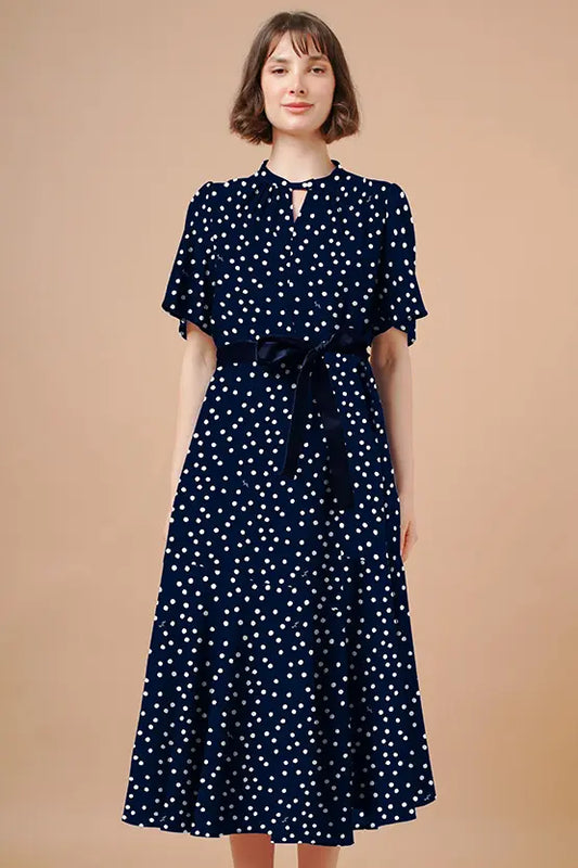 Stretch Chiffon:  Navy Large Dot Long Mermaid Dress