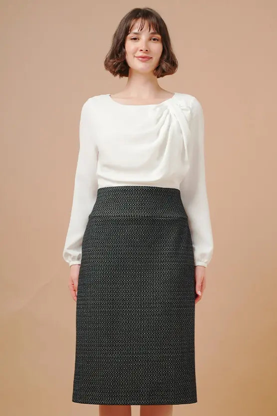 [Chiffon x Jacquard] Decollete Tuck Dress