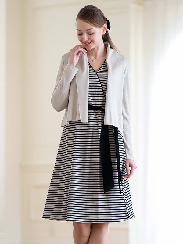 Beige X Black Natural Wrap-Style Short Sleeve Dress
