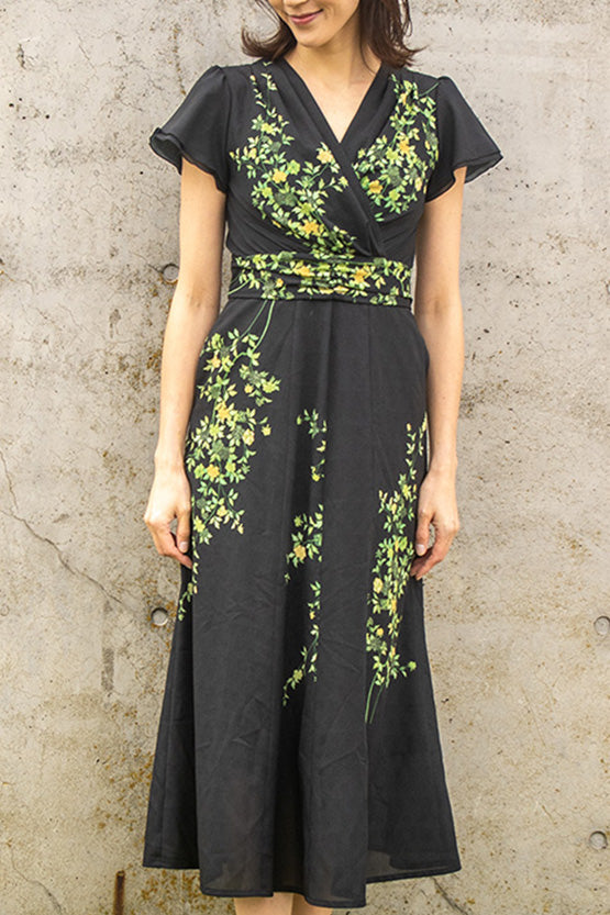 Stretch Chiffon: Ink Flower Long Marilyn Dress