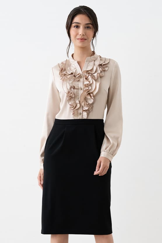 [Stretch Satin x Smart Stretch] Champagne Gold x Black Satin Frill Dress