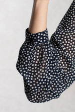 Stretch Chiffon: Navy Dot Frill Blouse