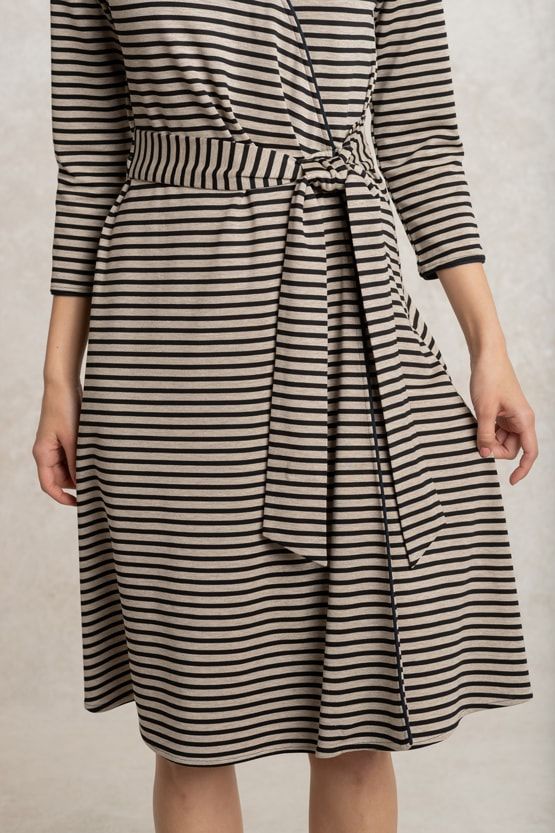 Beige X Black Stripe Wrap-Style Dress