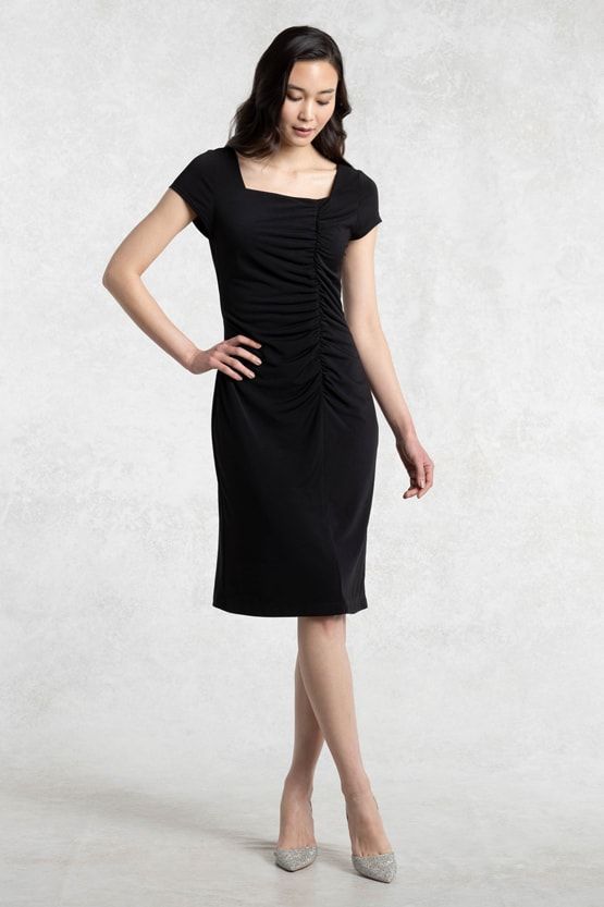 Black Square Neck Gather Dress