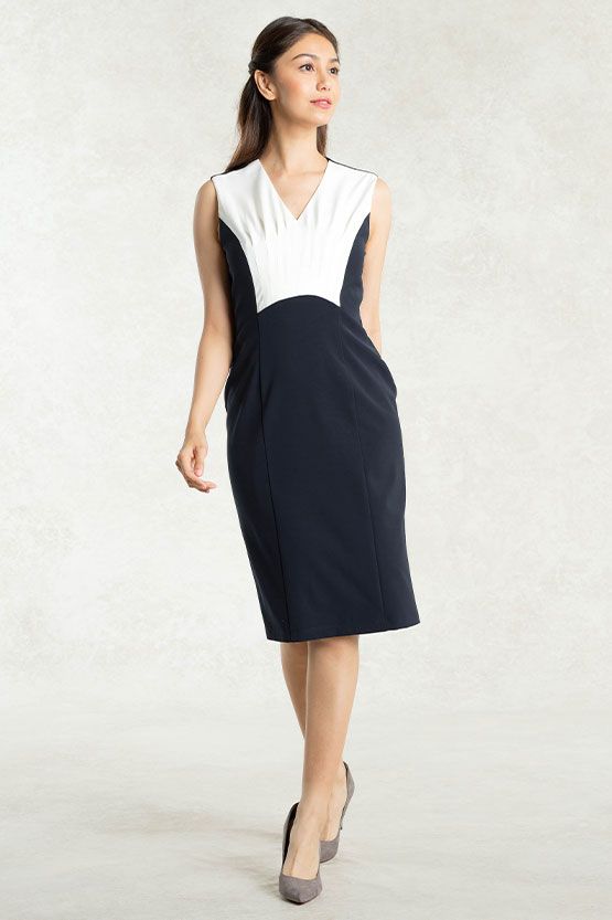 All-Season Material: White X Navy Stretch Bi-Color Dress