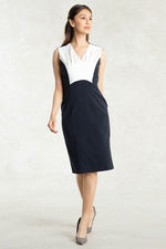 All-Season Material: White X Navy Stretch Bi-Color Dress