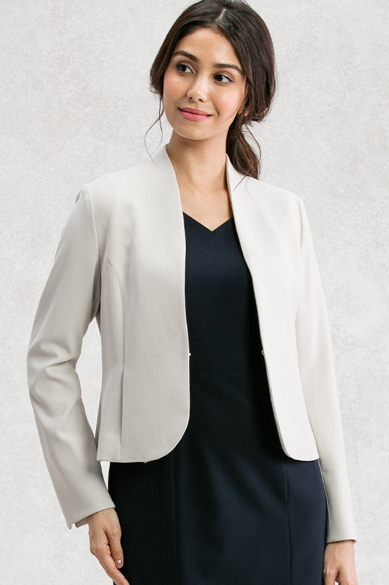 All-Season Material: Greige Collarless Jacket