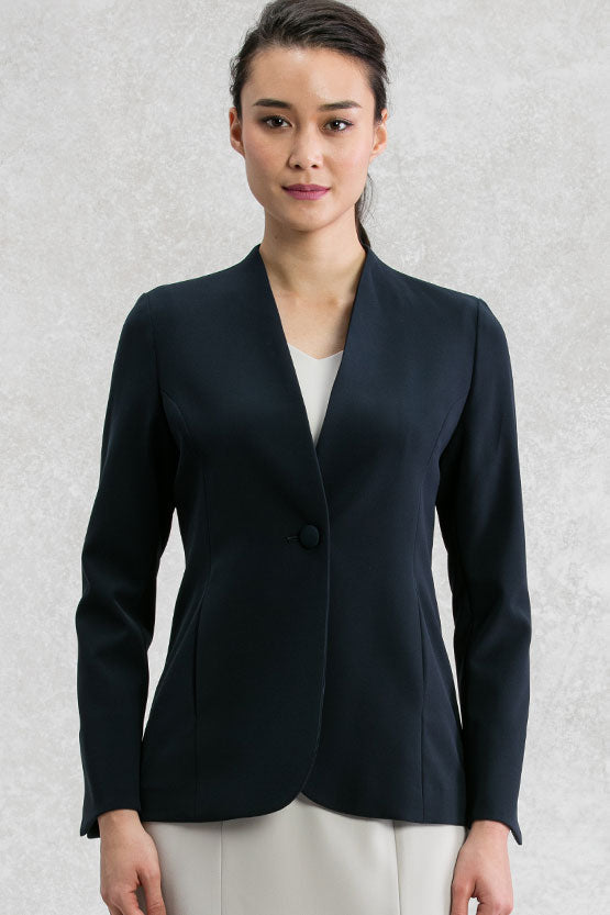 All-Season Material: Navy Long Collarless Jacket