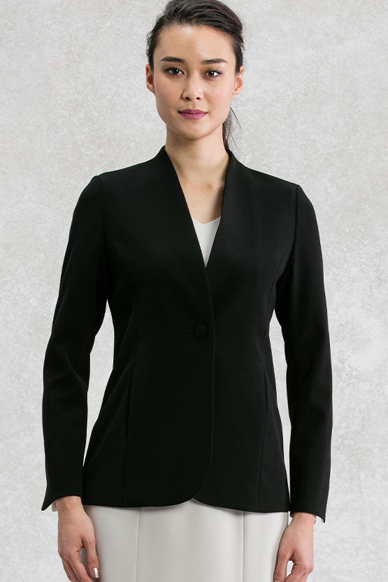 All-Season Material: Black Long Collarless Jacket