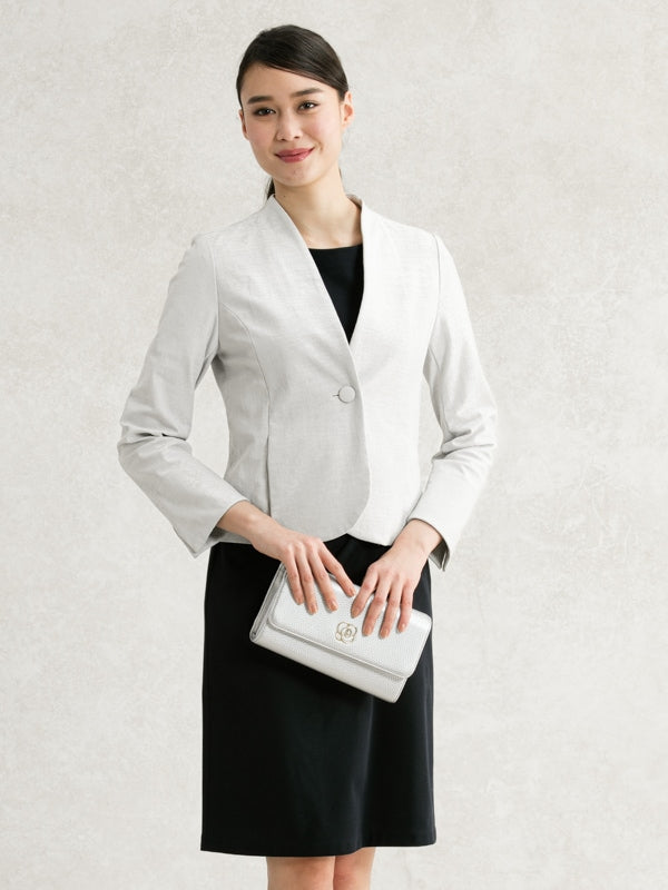 Stretch Jacquard: Greige Jacquard Collarless Jacket