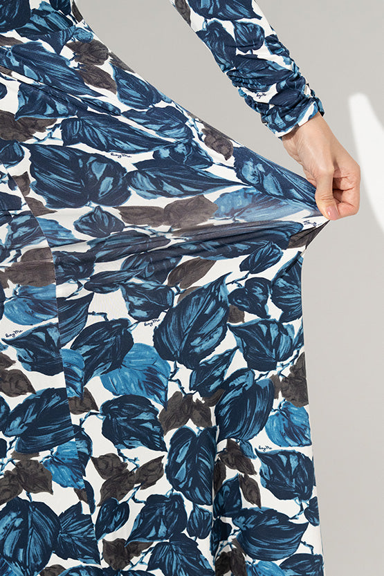 Long Length: Navy Leaf Long V-Drape Dress