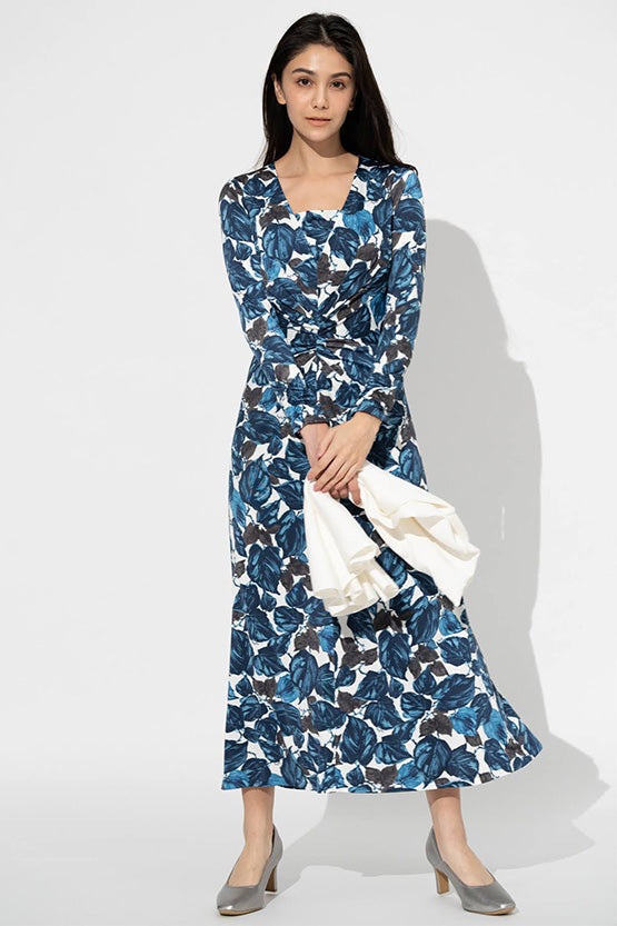 Long Length: Navy Leaf Long V-Drape Dress