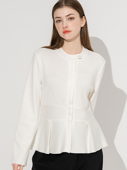 Washable Knit: White Kanazawa Peplum Knit Jacket