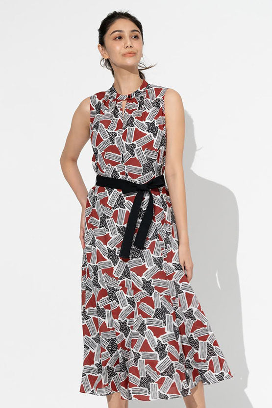 Stretch Chiffon: Red Geo Long Mermaid Dress
