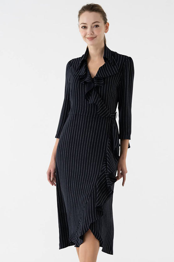 Navy Pinstripe Collared Ruffle Wrap Dress