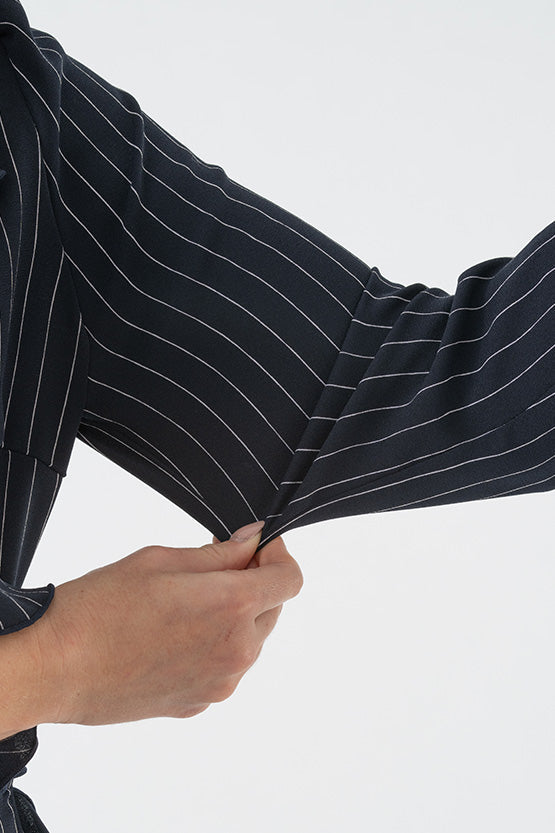 Navy Pinstripe Collared Ruffle Wrap Dress
