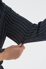 Navy Pinstripe Collared Ruffle Wrap Dress