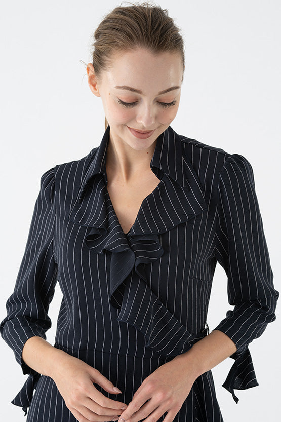 Navy Pinstripe Collared Ruffle Wrap Dress