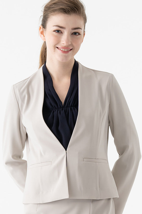 Double Jersey: Double Jersey Greige Front Hook Collarless Jacket