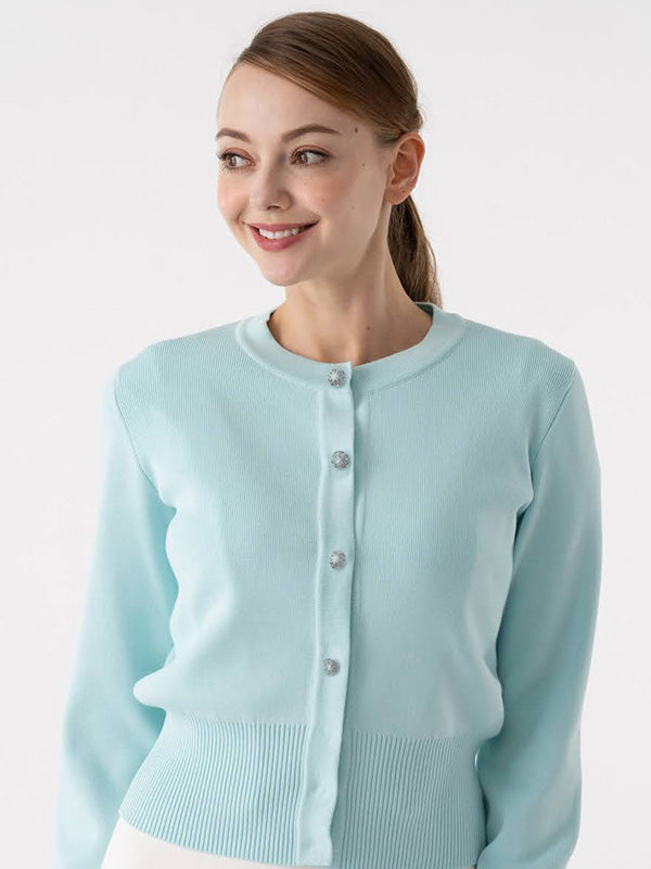 Mint Blue Flower Metal Button Waist-Shaping Cardigan Made In Kanazawa