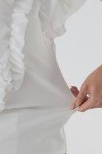 Stretch Chiffon: White Short Sleeve Frill Top