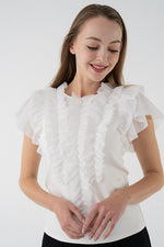 Stretch Chiffon: White Short Sleeve Frill Top