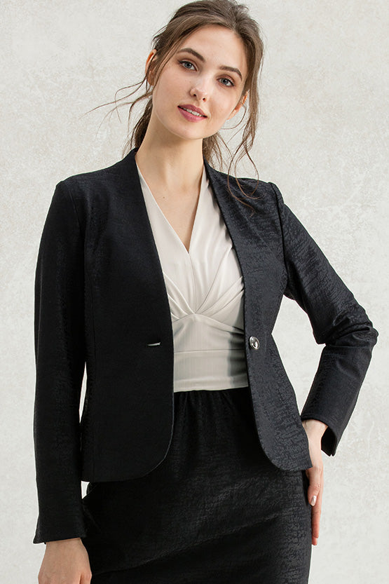 Stretch Jacquard: Black Collarless Jacket