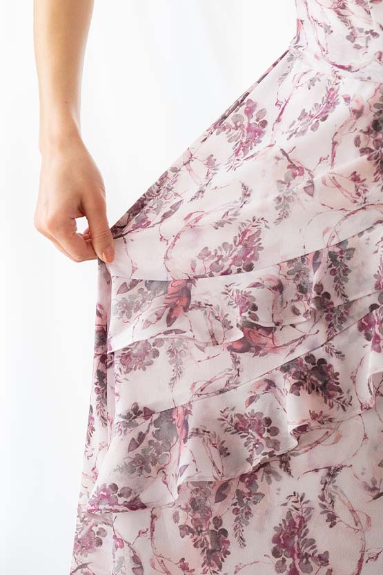 Stretch Chiffon: Pink Botanical Frill Chiffon Dress