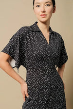4-Way Stretch: Navy Dot Collared Flared Dress